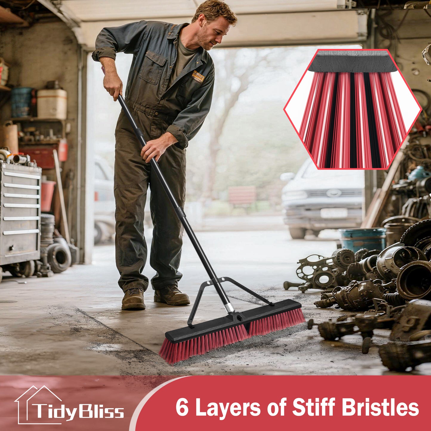 TidyBliss 24" Push Broom Outdoor Heavy Duty with 63 inches Long Handle (Red)