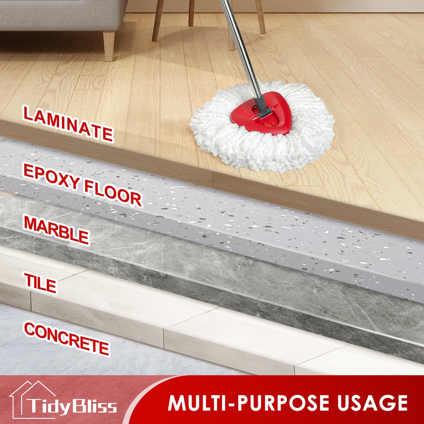 TidyBliss Spin Mop Replacement Heads 2 Pack with Triangle Base and 58 inches Long Handle for O-Cedaar EasyWring 1 Tank System