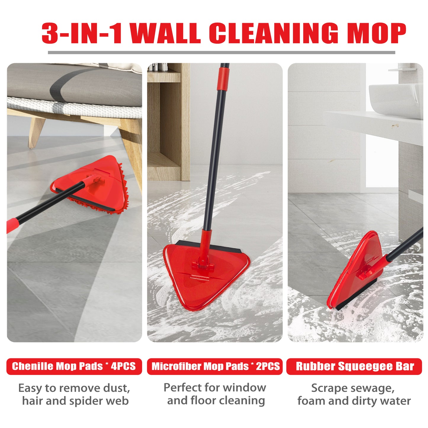 Wall Mop Cleaner with Long Handle (Red)