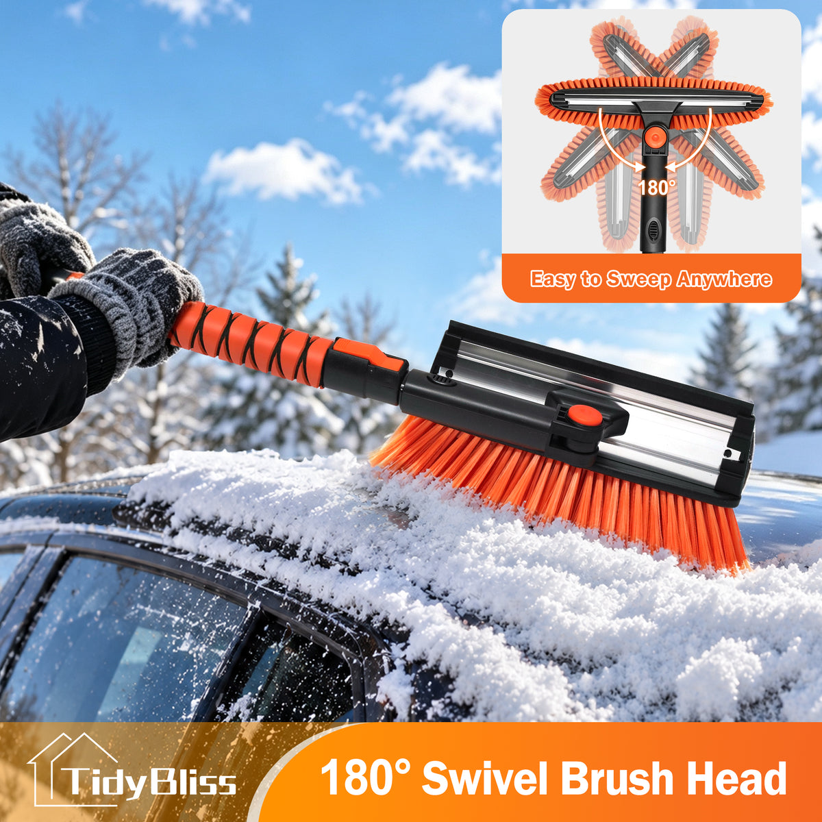 TidyBliss 37” Snow Brush with Ice Scraper & Squeegee for Car Windshield Glass