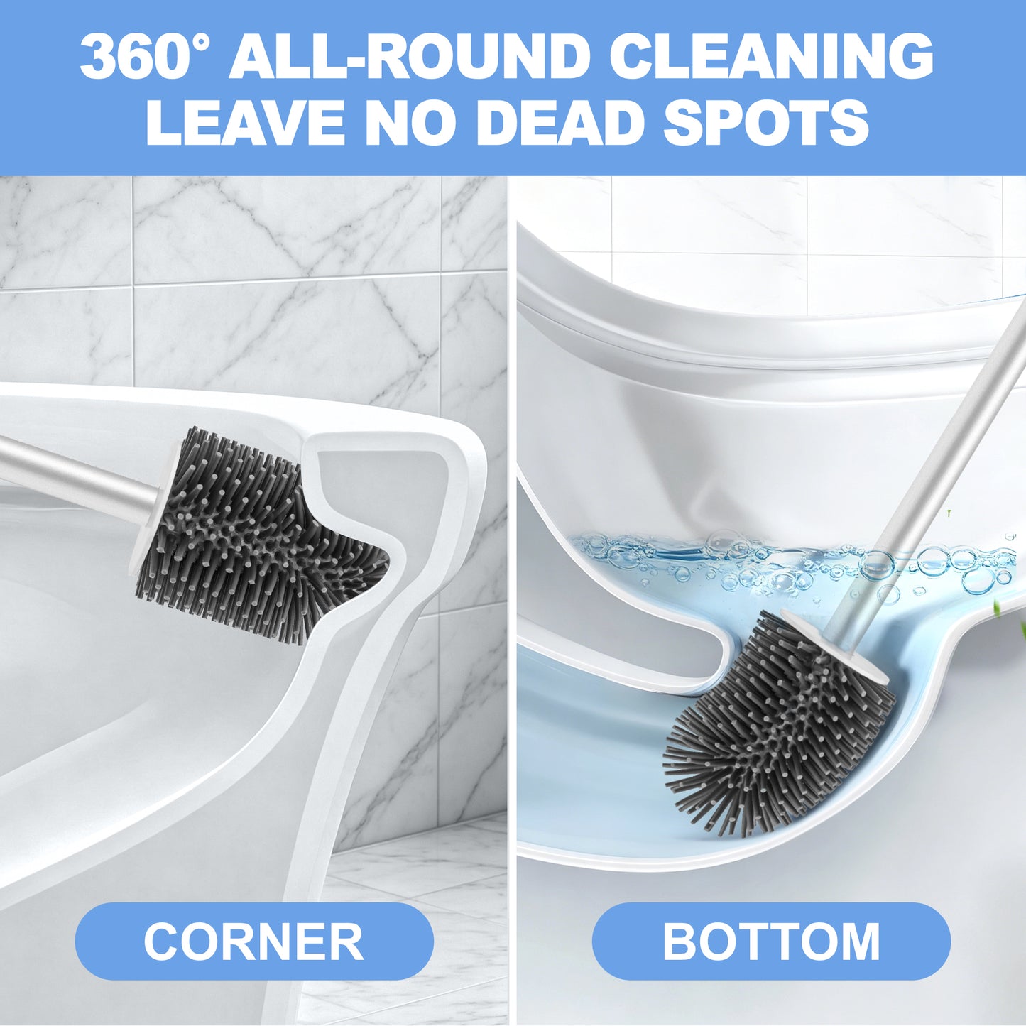 NEWE Silicone Toilet Brush with Holder Set, Aluminum Handle, Built-in Tweezers (White)