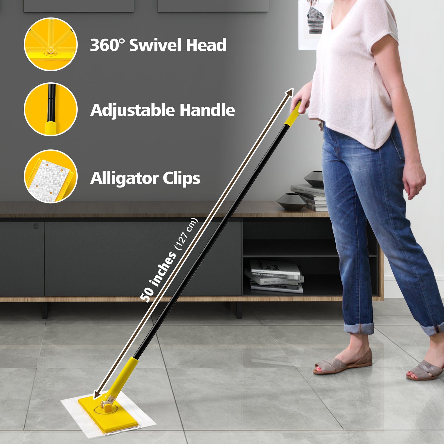 NEWE Sweeper Mop with 10 Dry Sweeping Cloths and 10 Wet Mopping Pads (Yellow)