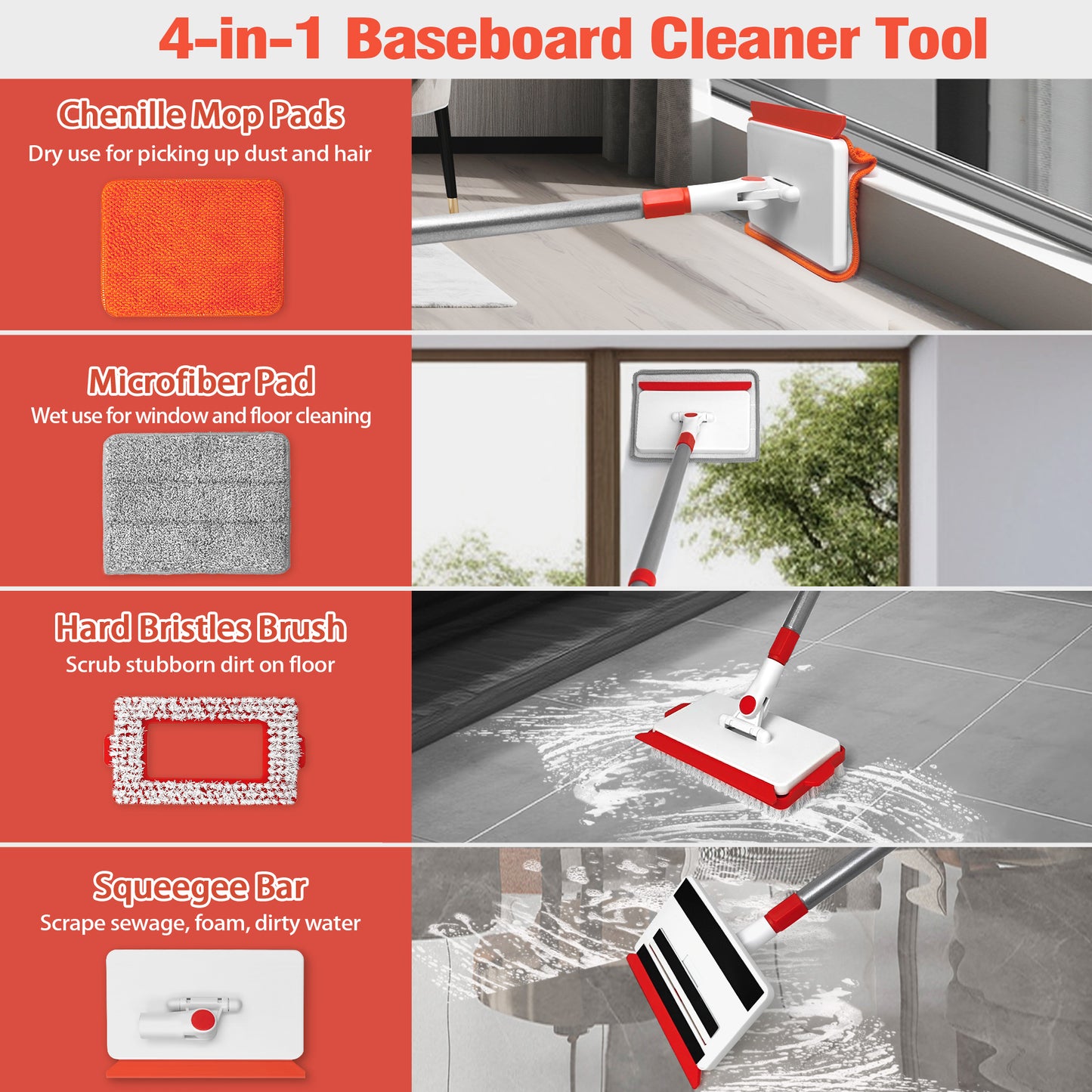 JEHONN Wall & Baseboard Cleaner Mop Tool with 4 Reusable Pads Red