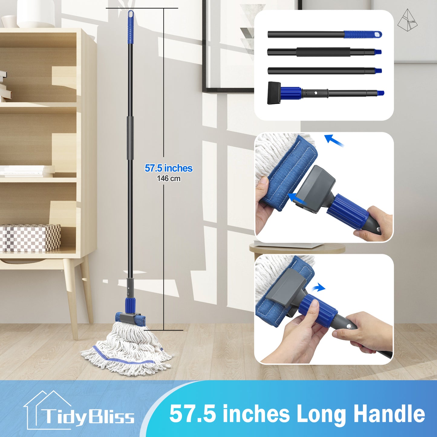 TidyBliss Commercial Mop Heavy Duty with 57.5 inches Long Handle (Blue)