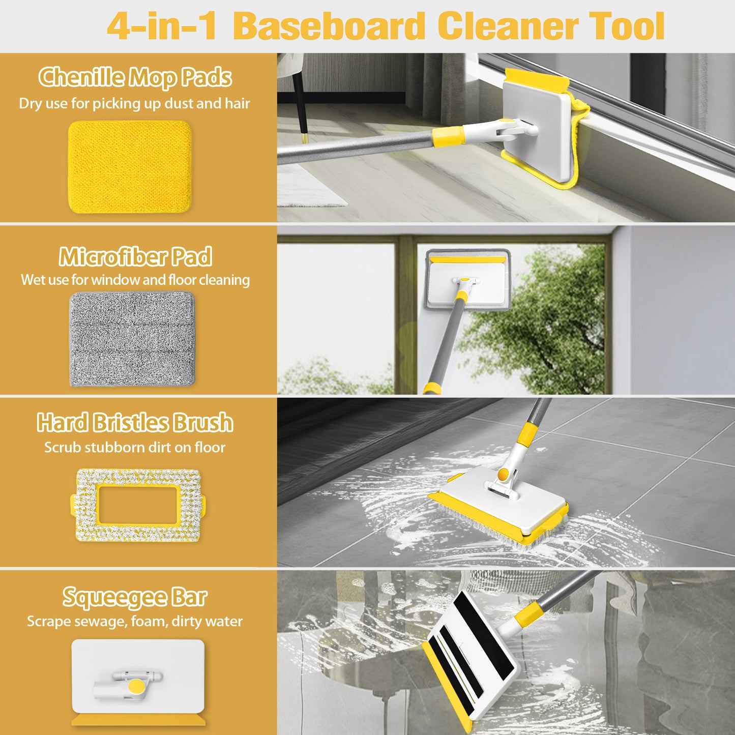 JEHONN Baseboard Cleaner Tool with Long Handle (Yellow)
