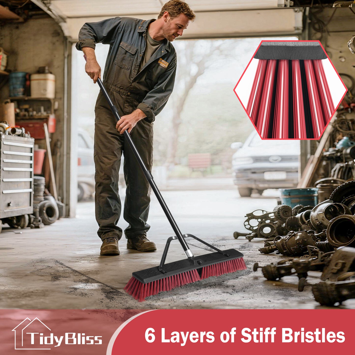 TidyBliss 24" Push Broom Outdoor Heavy Duty with 63 inches Long Handle (Red)