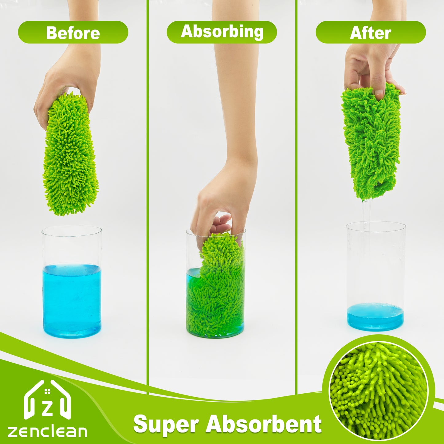 ZenClean Reusable Microfiber Mop Pads 4 Pack Compatible with SwifferSweeper Mop for Wet & Dry Floor Cleaning (Green)