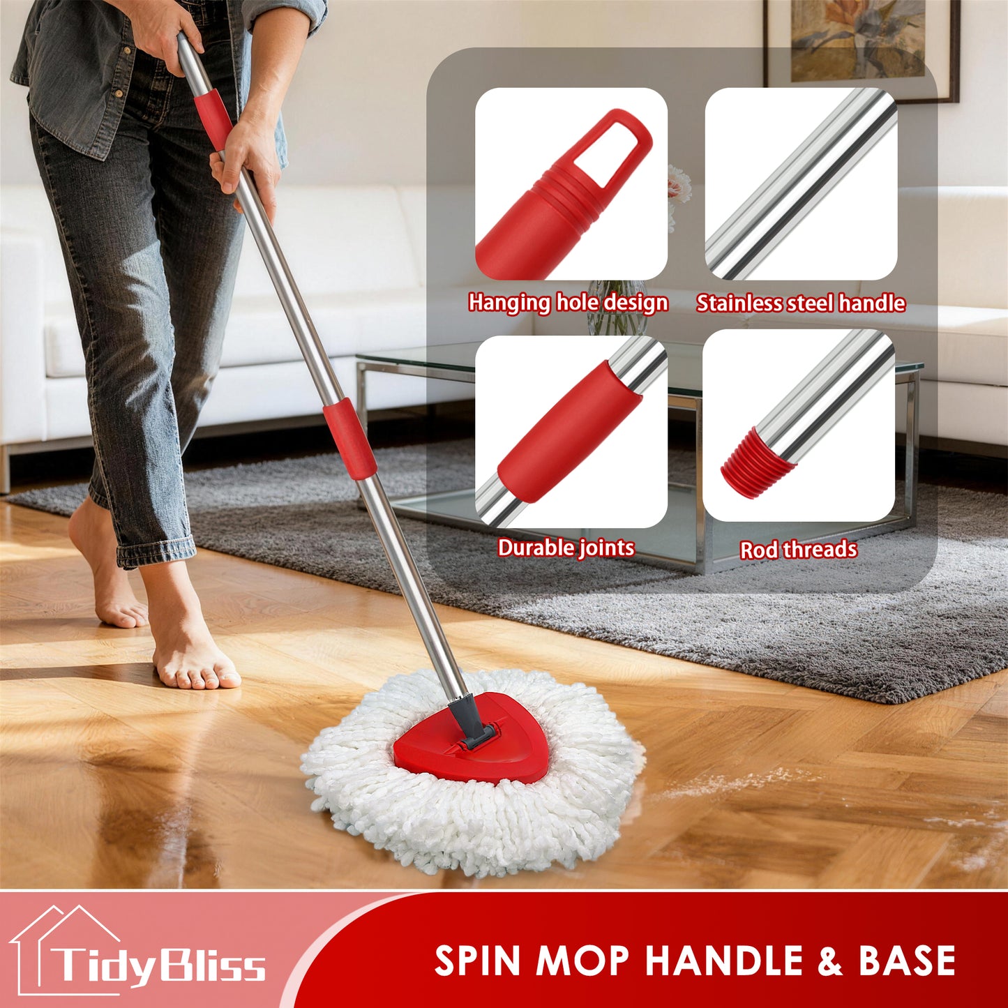 TidyBliss Mop Handle Replacement with Triangle Base for EasyWring Spin Mop Bucket System