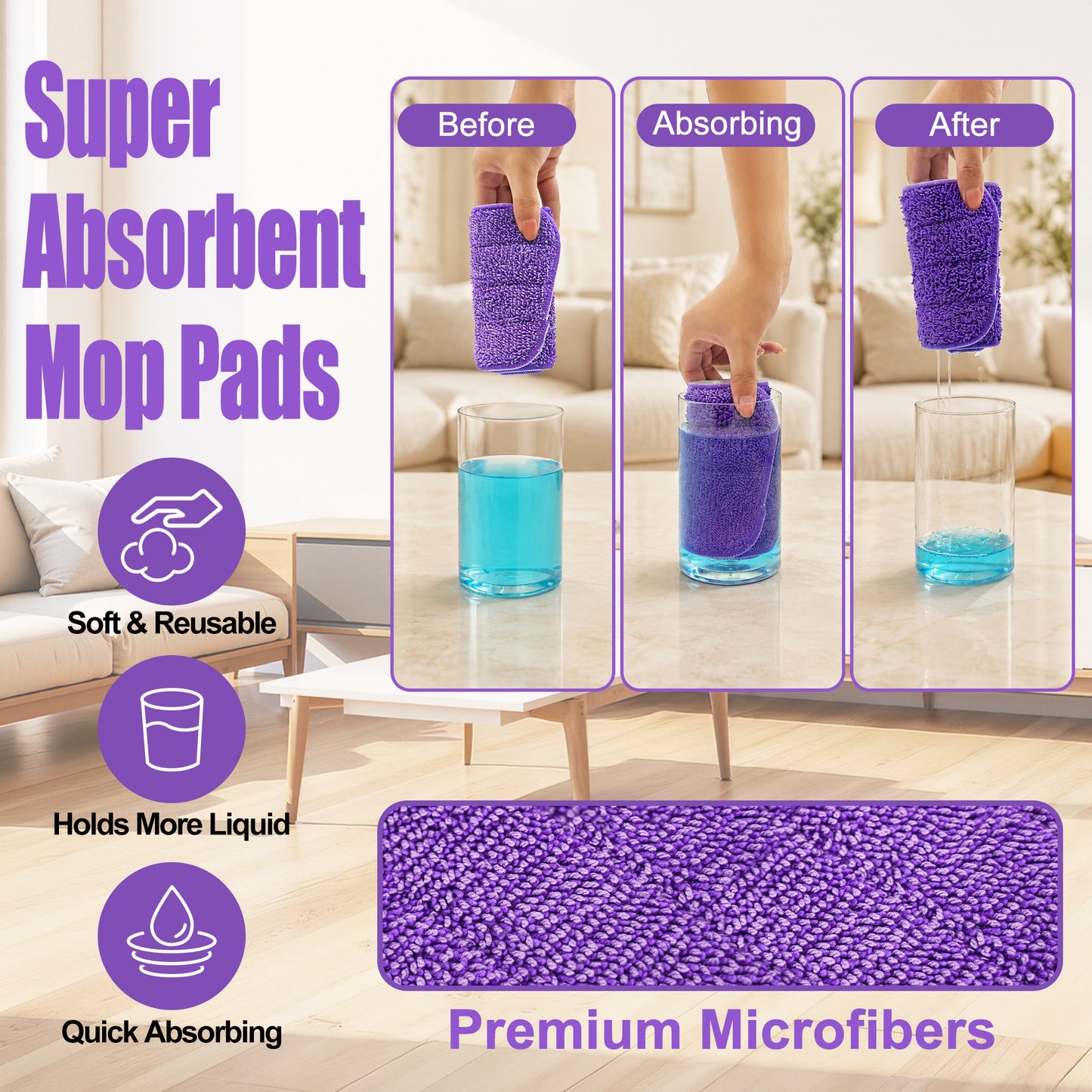 JEHONN 6 Pack Reusable Microfiber Mop Pads for PowerMop (Purple)