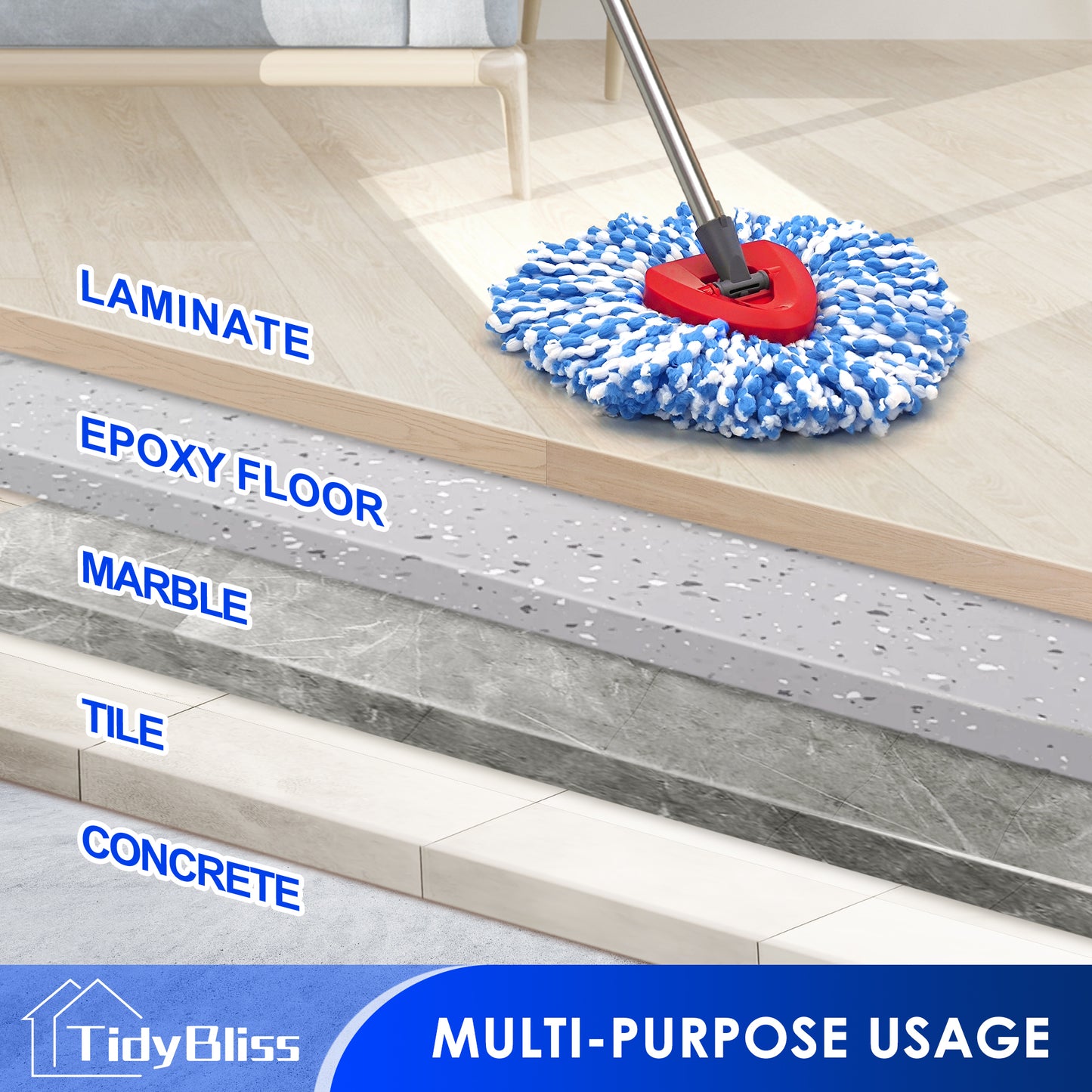 TidyBliss Spin Mop Replacement Heads 2 Pack with Triangle Base and 58 inches Long Handle for O-Cedaar RinseClean 2 Tank System