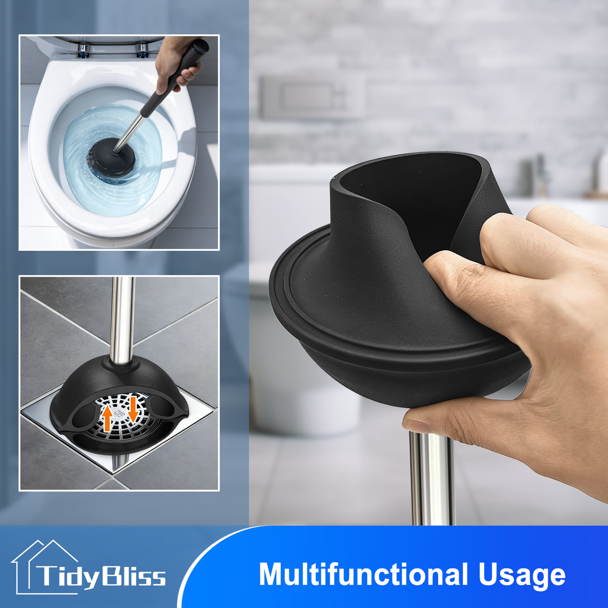 TidyBliss 2 Pack Toilet Brush and Plunger Set with Hidden Tweezers (Black)