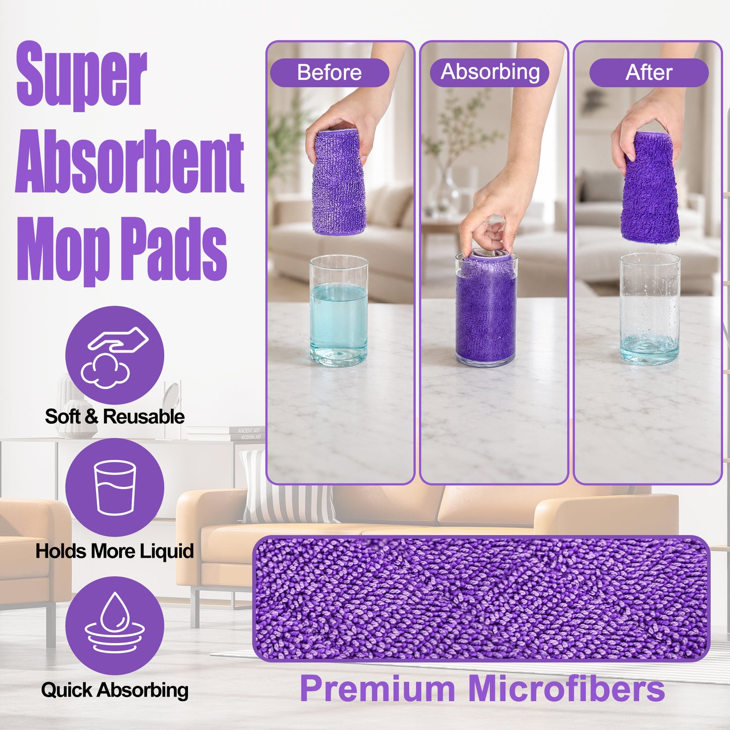 JEHONN 4 Pack Reusable Microfiber Mop Pads for PowerMop (Purple)