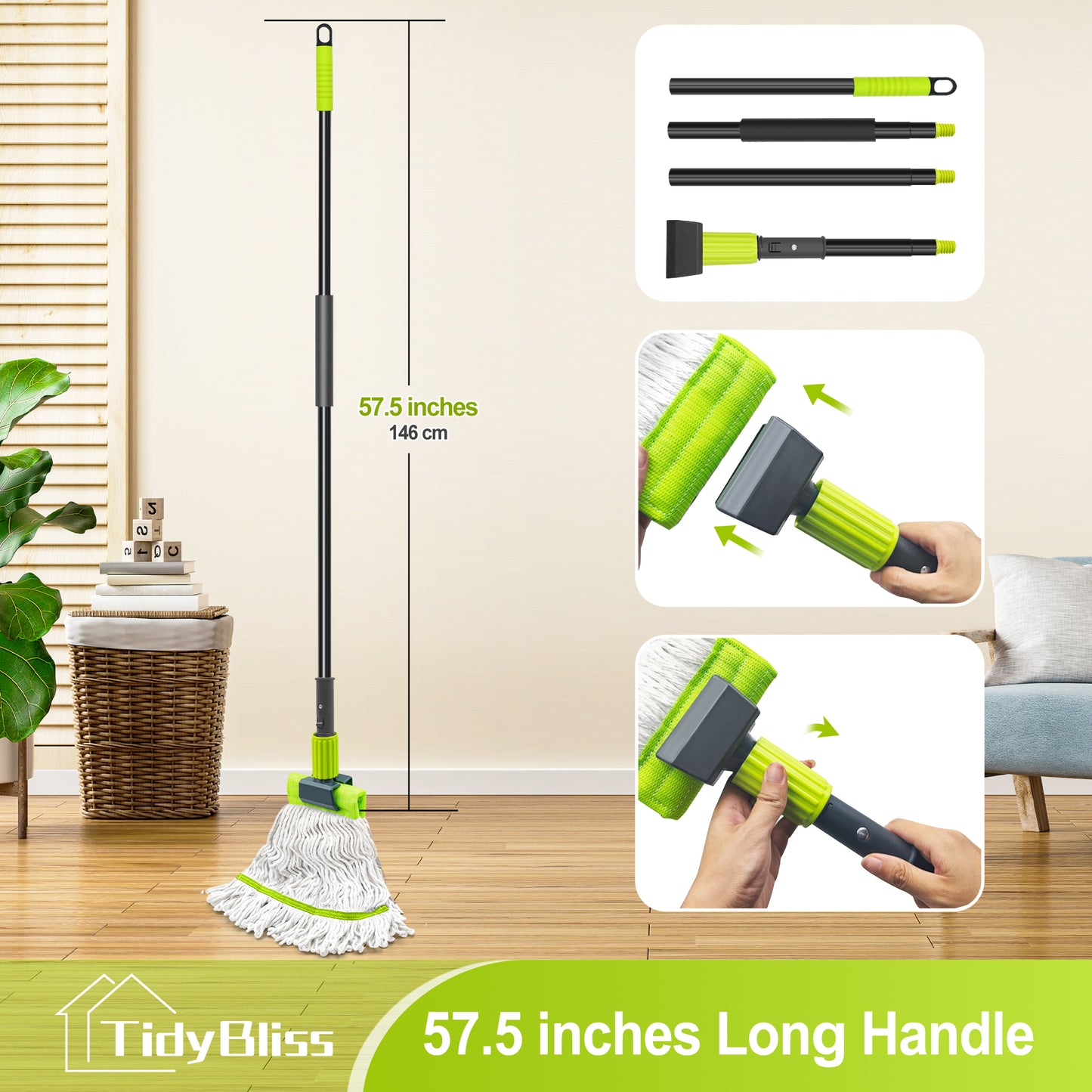 TidyBliss Commercial Mop Heavy Duty with 57.5 inches Long Handle (Green)