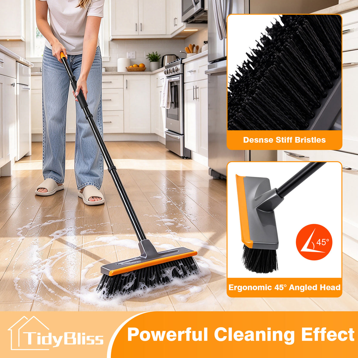 TidyBliss Floor Scrub Brush with 56” Long Handle & Crevice Brush (Orange)
