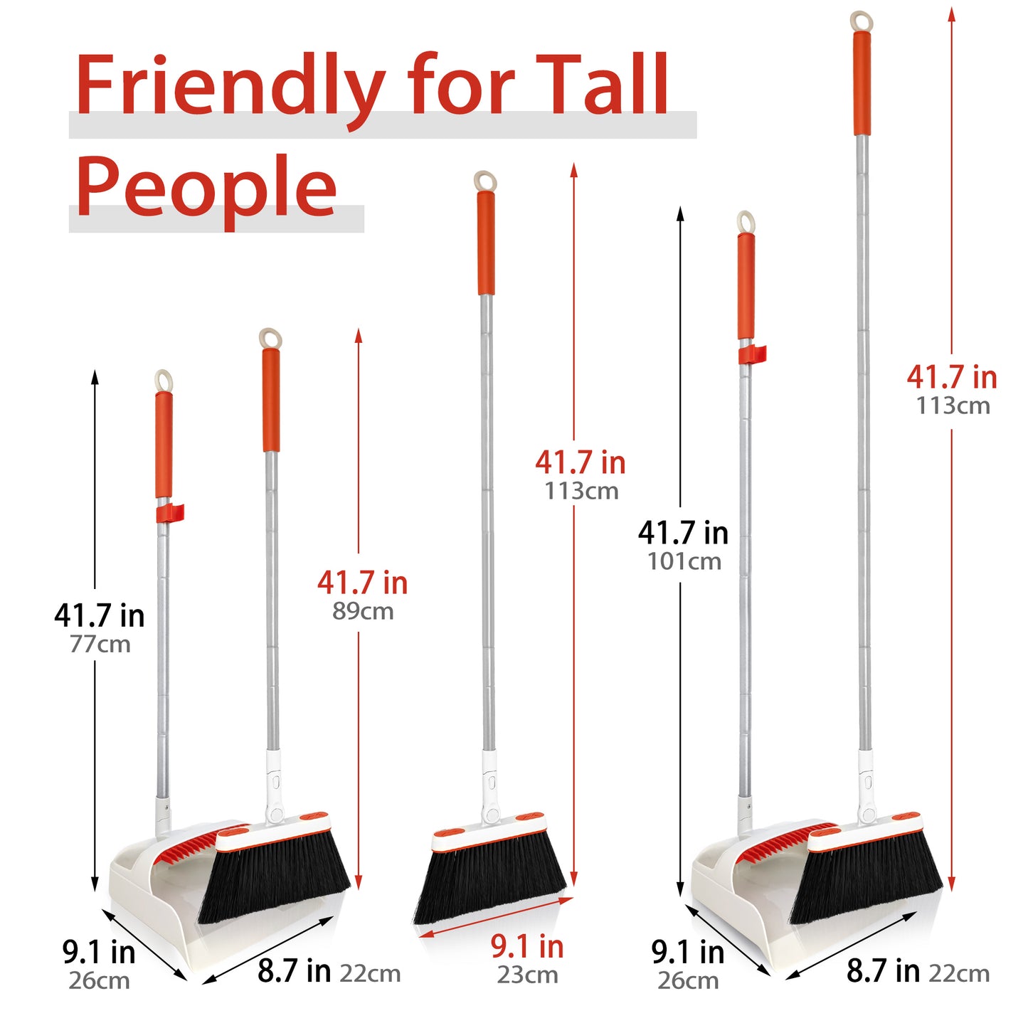 JEHONN Broom and Plastic Dust Pans Set for Home with 54 inches Long Handle (Grey&Red)