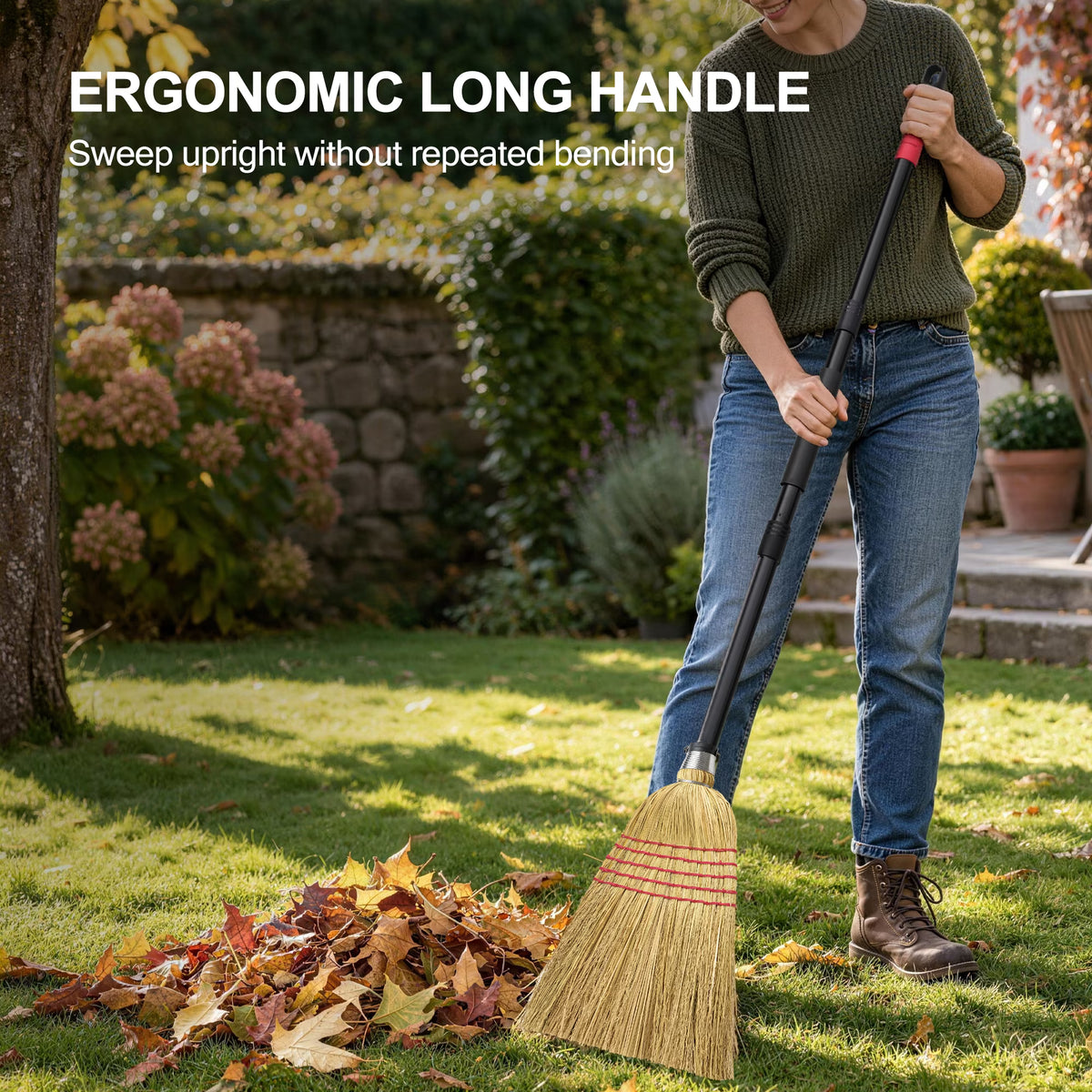 ZenClean Natural Corn Broom Heavy Duty for Yard, Garden & Garage Cleaning