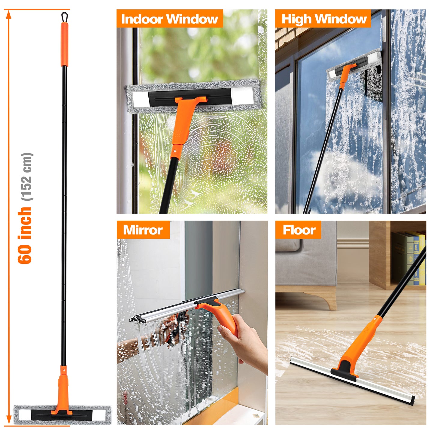 JEHONN Window Floor Squeegee with 60 Inches Long Handle Orange