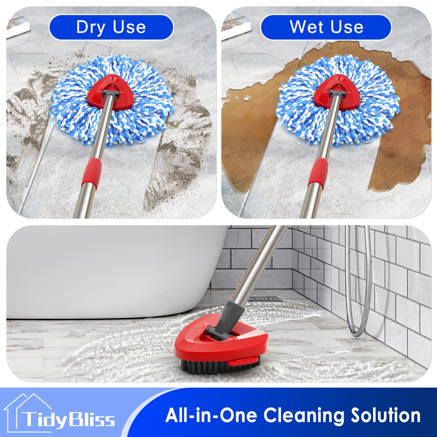 TidyBliss Mop Heads Replacements 2 Pack with with Scrub Brush Attachment and Triangle Base for O-Cedaar RinseClean 2 Tank System