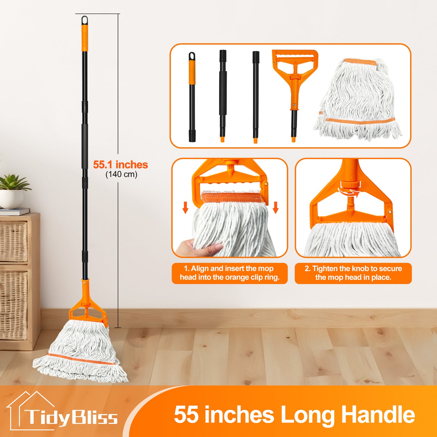 TidyBliss Commercial Mop Heavy Duty with 55 inches Long Handle (Orange)