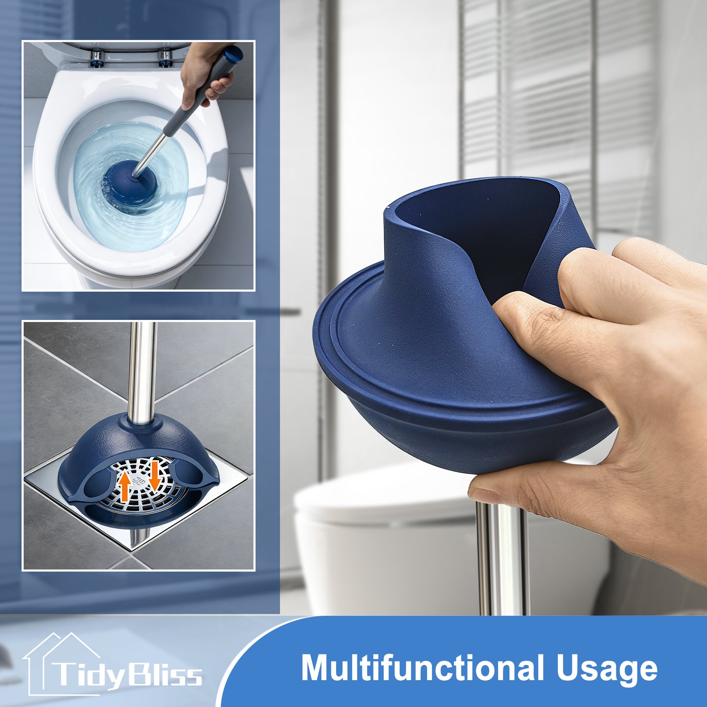 TidyBliss Toilet Brush and Plunger Set with Hidden Tweezers (Blue)