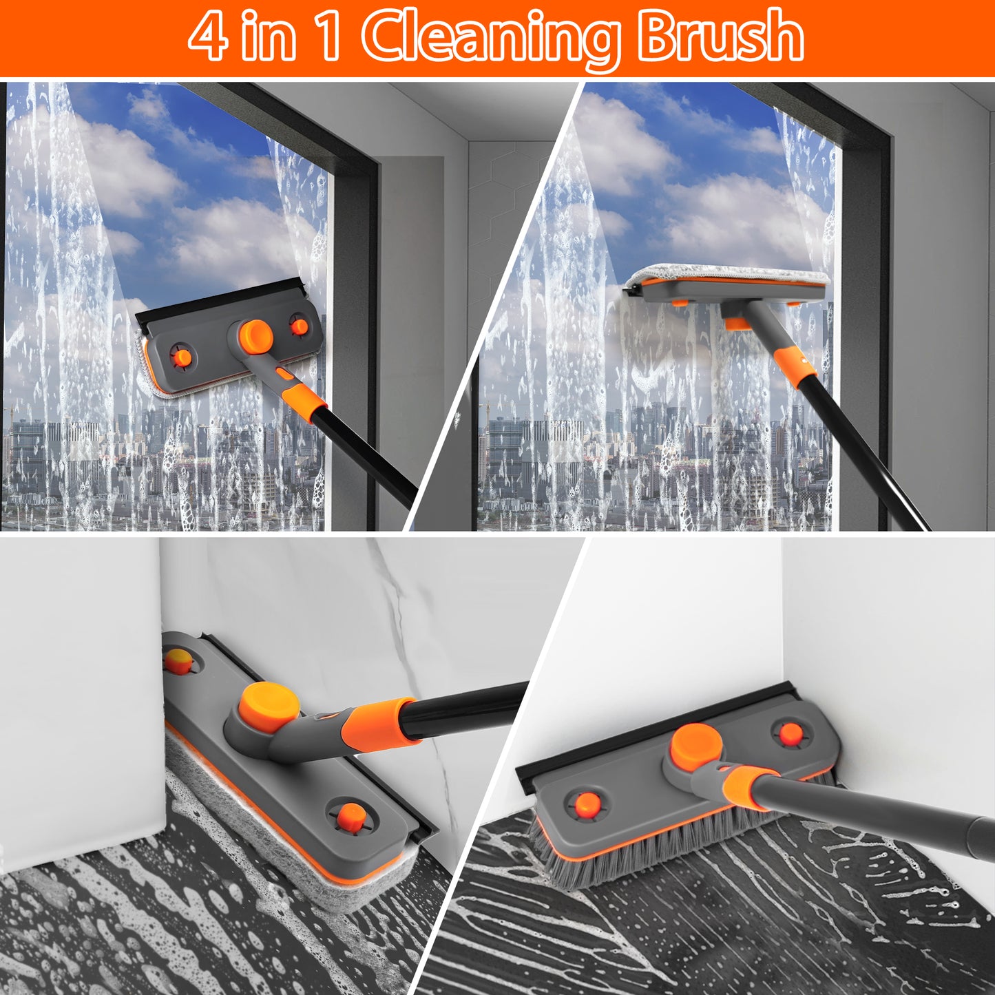 JEHONN 4 in 1 Tub Tile Scrub Brush with Squeegee 58'' Long Handle (Grey Orange)