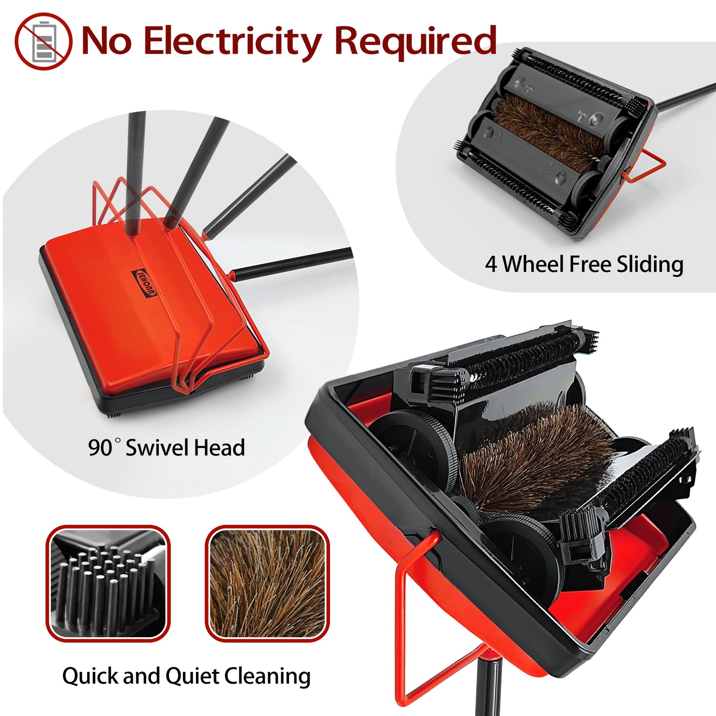 JEHONN Carpet Floor Sweeper with Horsehair Brush, Adjustable Handle, Red, Non-Electric, Manual