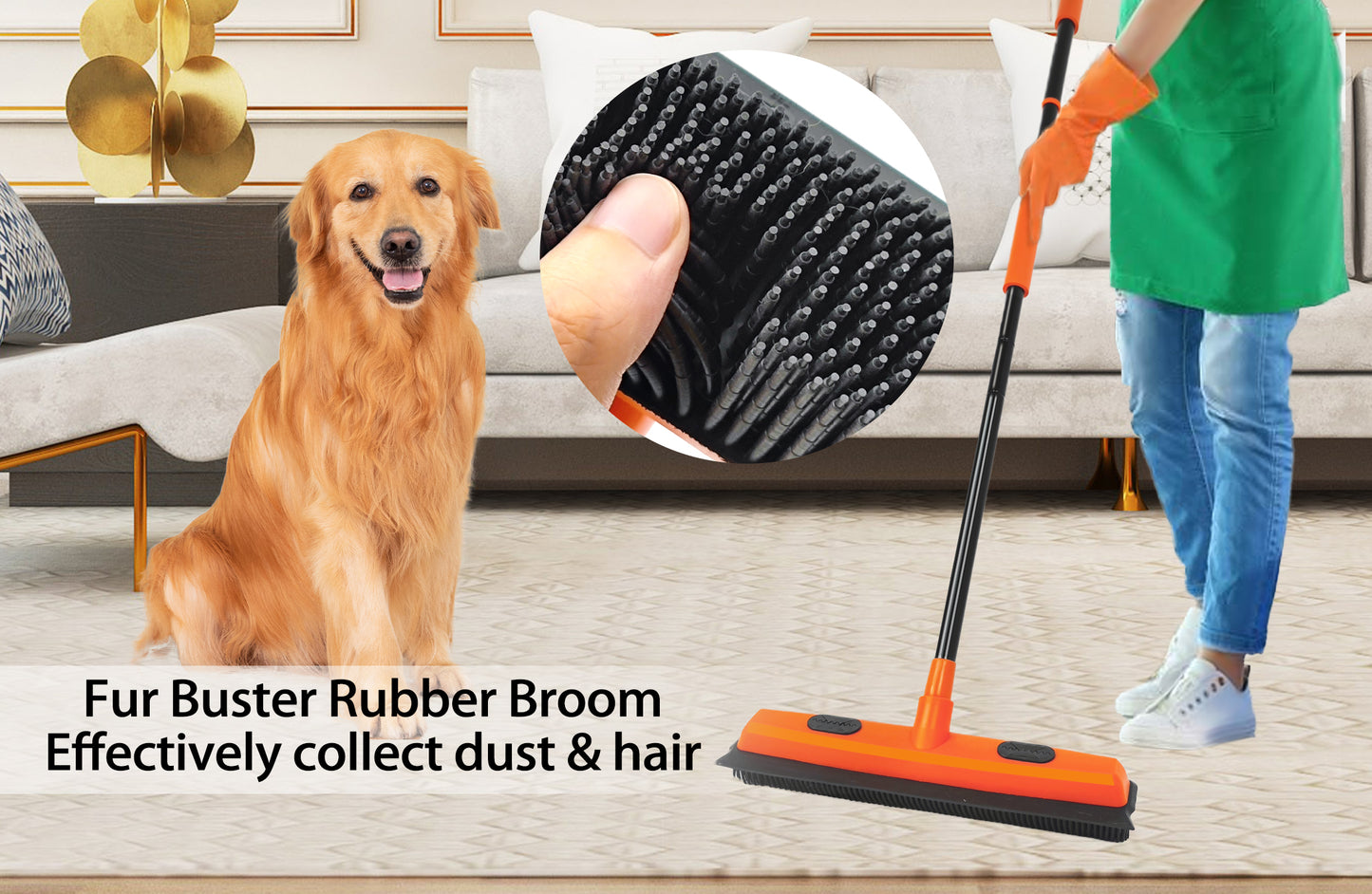 JEHONN Rubber Broom with Squeegee Carpet Rake for Pet Hair Remover (Orange)