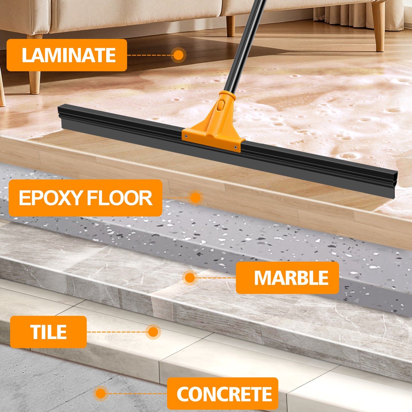 JEHONN 30" Large Floor Squeegee Heavy Duty with Long Handle (Orange)