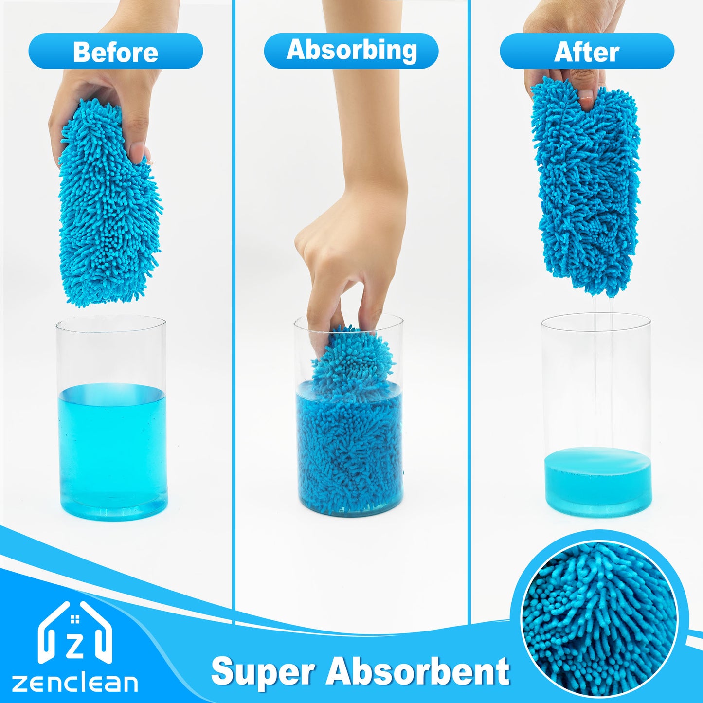 ZenClean Reusable Microfiber Mop Pads 4 Pack Compatible with SwifferSweeper Mop for Wet & Dry Floor Cleaning (Blue)