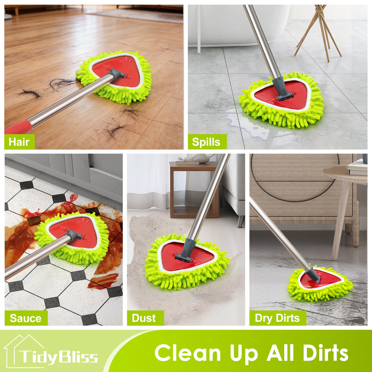 TidyBliss Microfiber Mop Head Replacement 3 Pack Compatible with RinseClean 2 Tank System (Green)