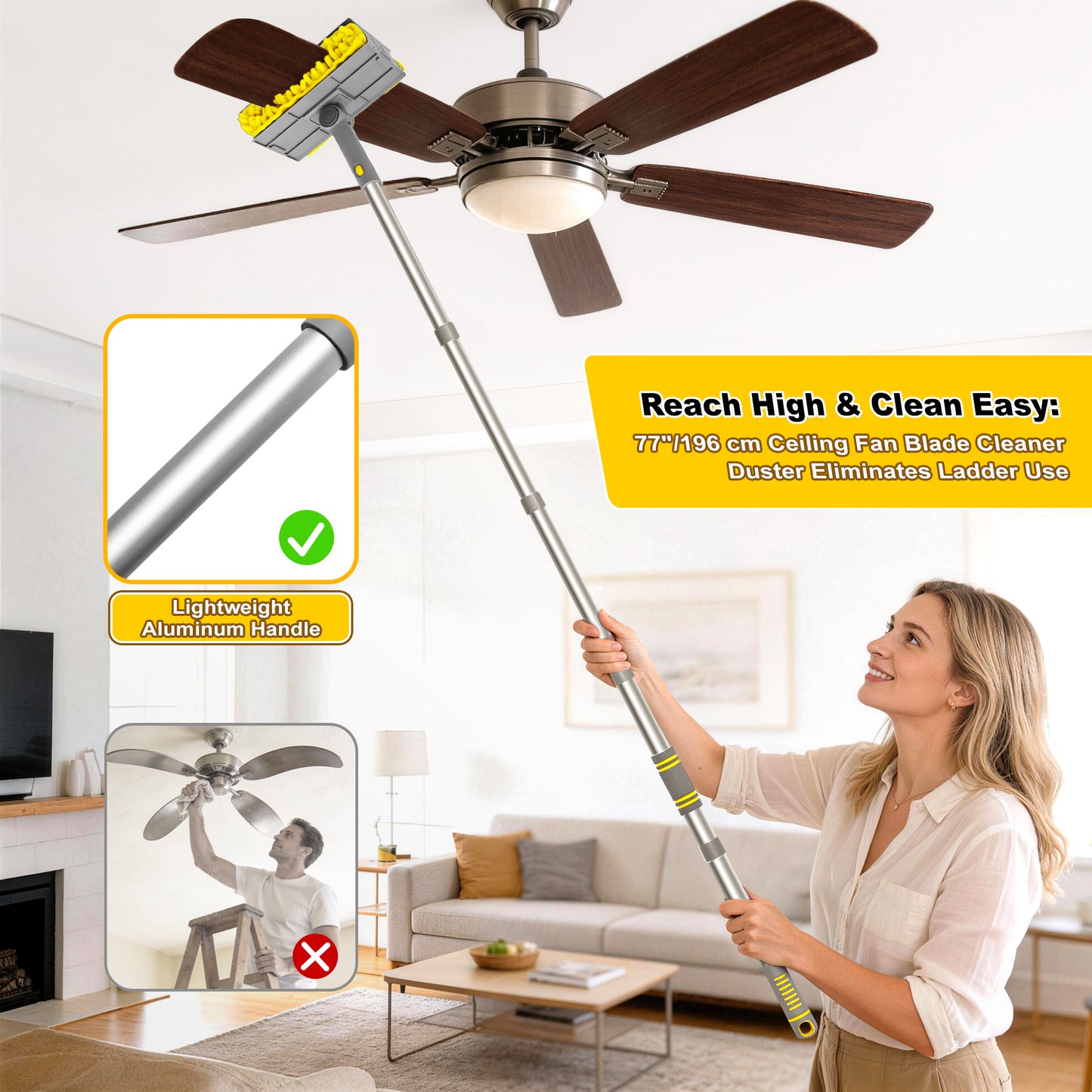 JEHONN 77" Ceiling Fan Cleaner Duster with Extra Bendable Chenille Dust Cleaning Tool (Yellow)