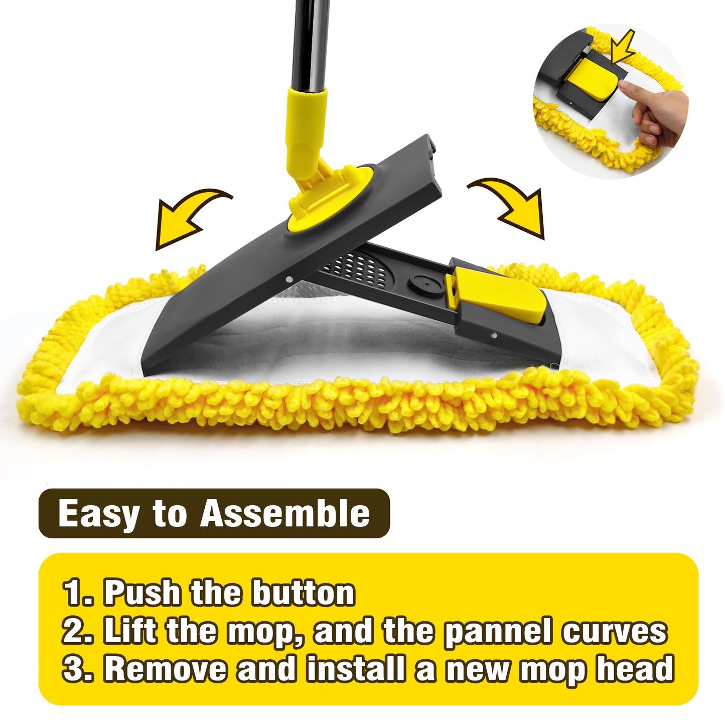 JEHONN Flat Mop for Floor Cleaning, Dry Wet Dust Mops with Microfiber & Chenille Pads for Hard Wood Laminate Tile Vinyl Kitchen Bathroom Home (Yellow)