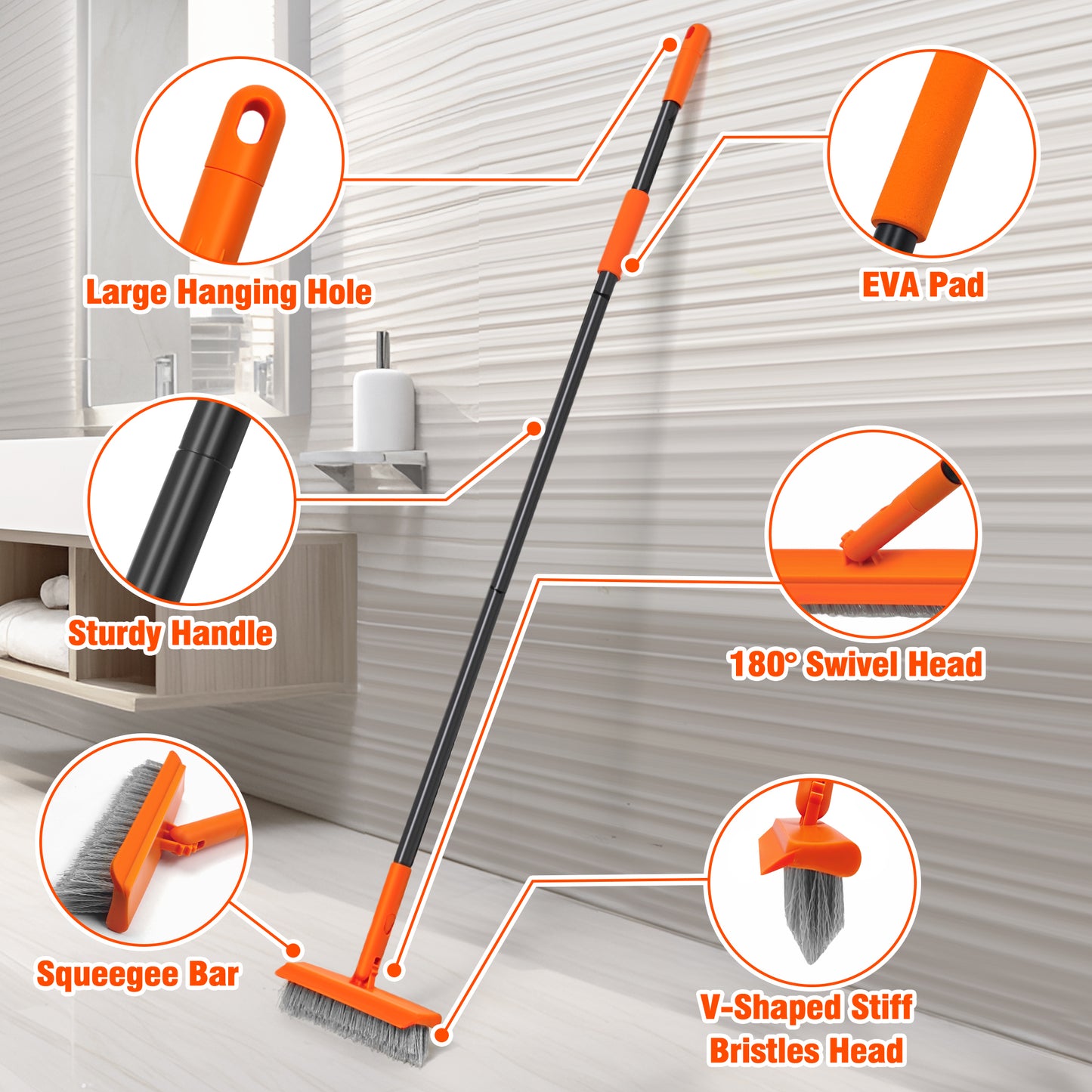 Grout Brush with 49.6" Long Handle, V-Shaped Tile Scrubber (Orange)