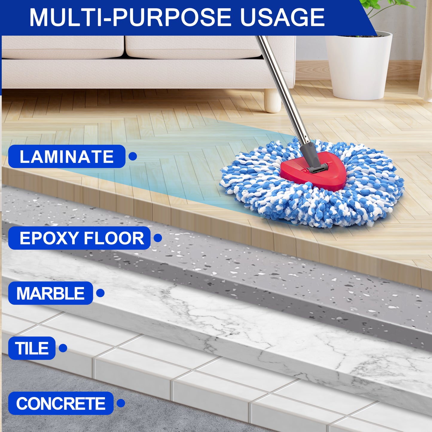 JEHONN Spin Mop Replacement Heads 2 Packs with 58 inches Long Handle and Triangle Base