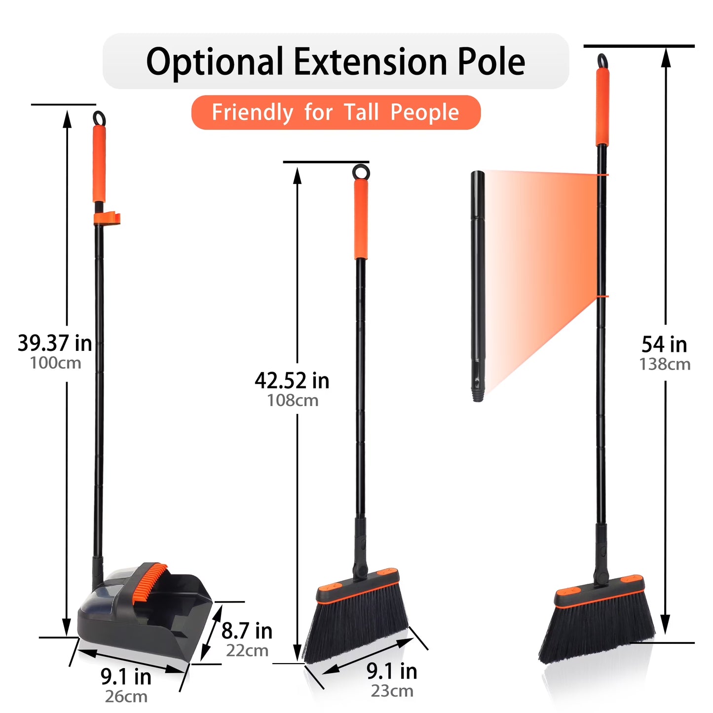 JEHONN 54 inches Long Handle Broom and Dustpan Set for Home (Black Orange)