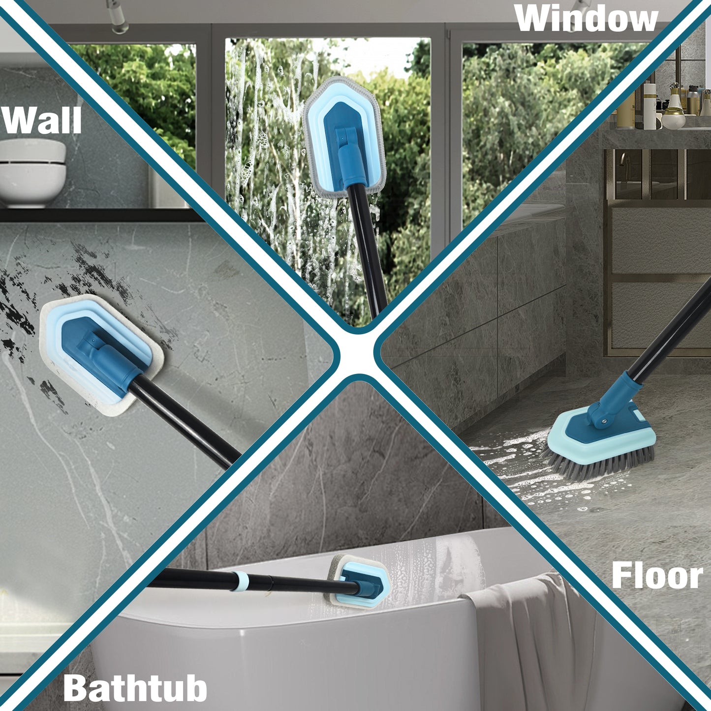 JEHONN Tub Tile Scrubber Brush with Long Handle (Blue)