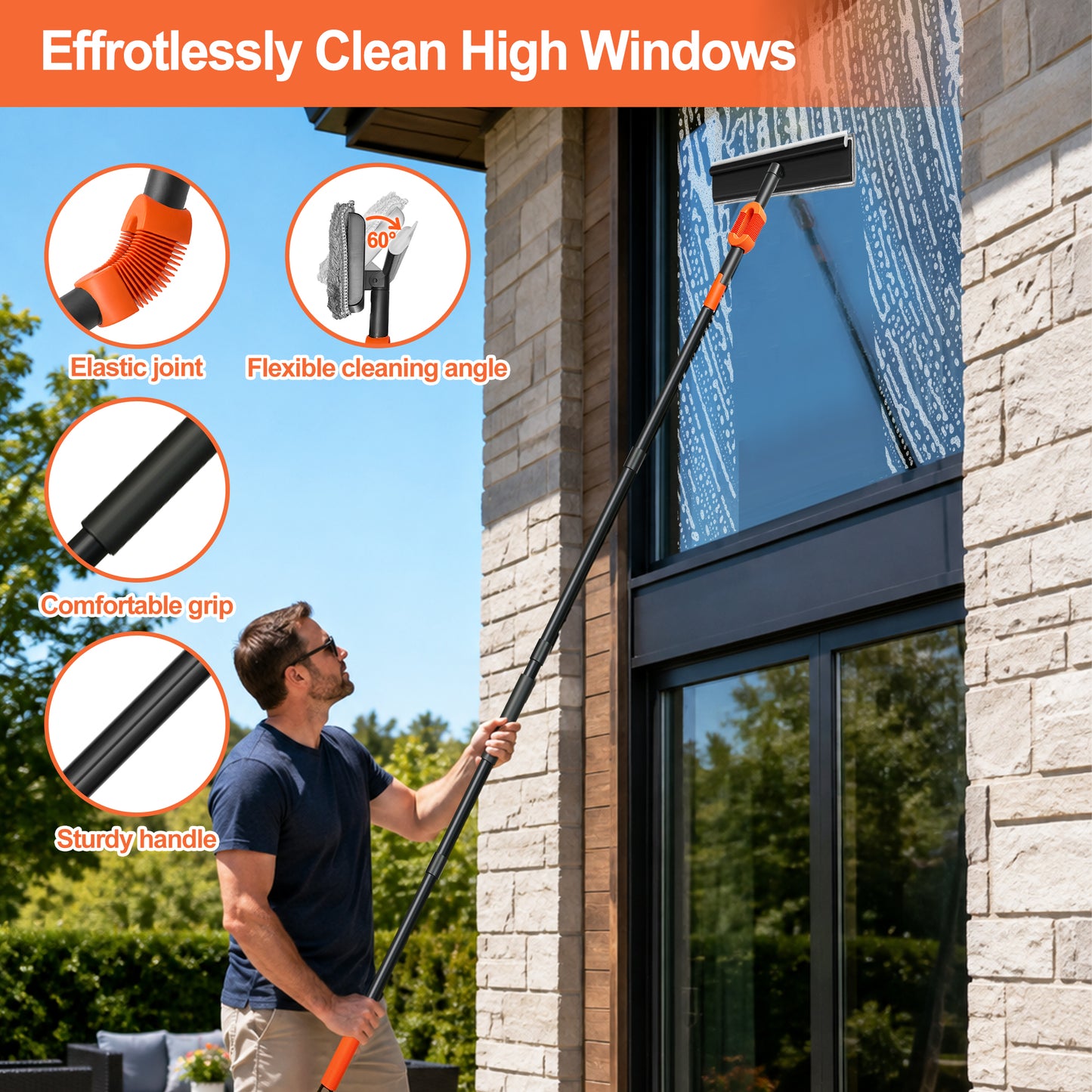 NEWE Professional Window Squeegee Cleaner Tool for Home with Extension Pole 65.3” (Red)