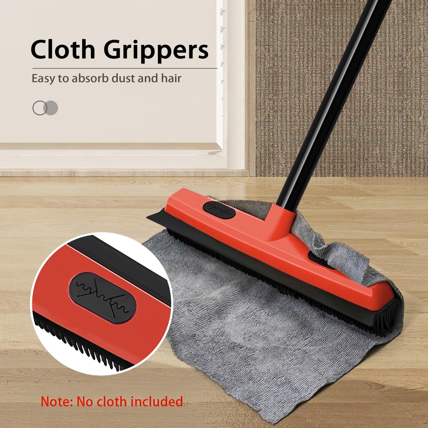 JEHONN Rubber Broom Carpet Rake Brush for Pet Hair with Squeegee (Red)
