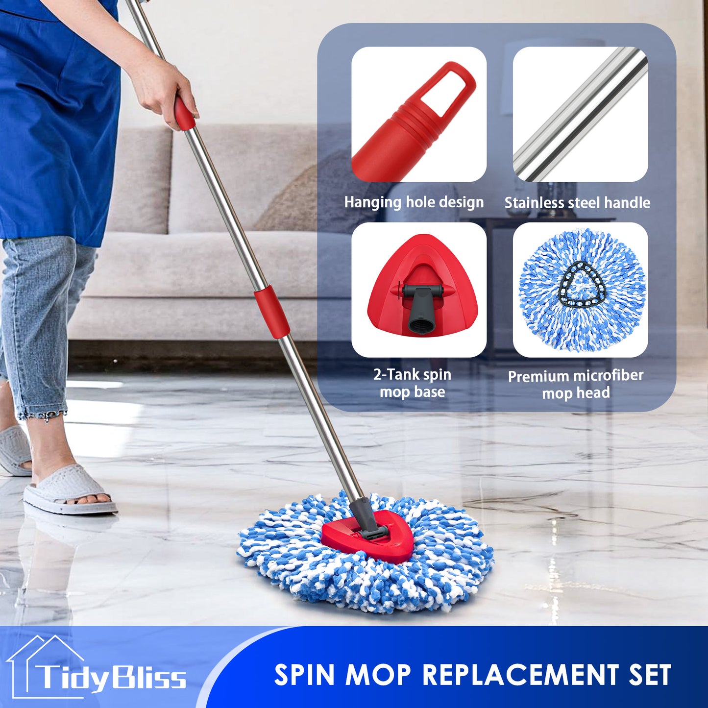 TidyBliss Spin Mop Replacement Heads 2 Pack with Triangle Base and 58 inches Long Handle for O-Cedaar RinseClean 2 Tank System