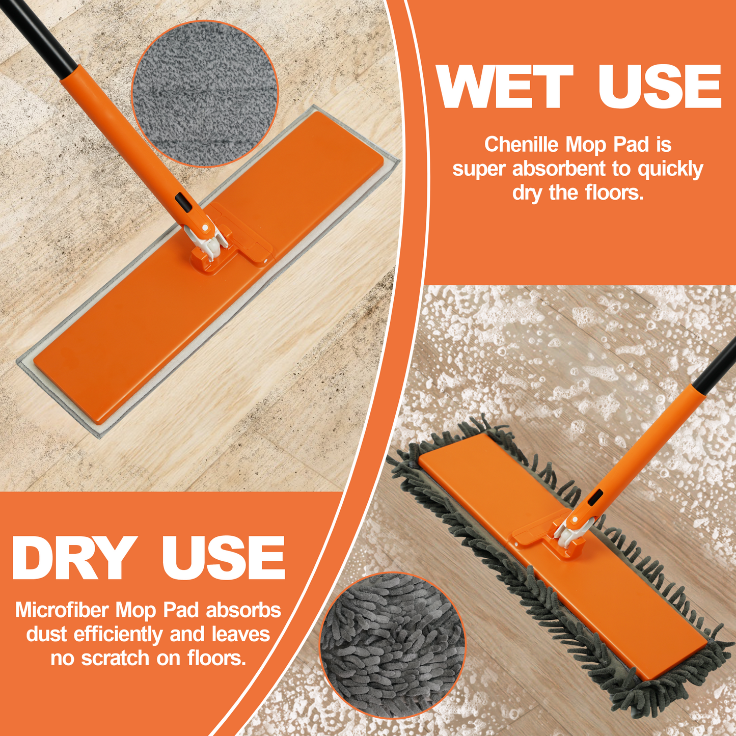 JEHONN Dust Mop for Hardwood Floors, Broom duster with Unique 90° Foldable Panel, 2 Chenille and 2 Microfiber Pads, Dry Wet Flat Dustmop for Cleaning Vinyl, Laminate, Tile, Marble (Orange)