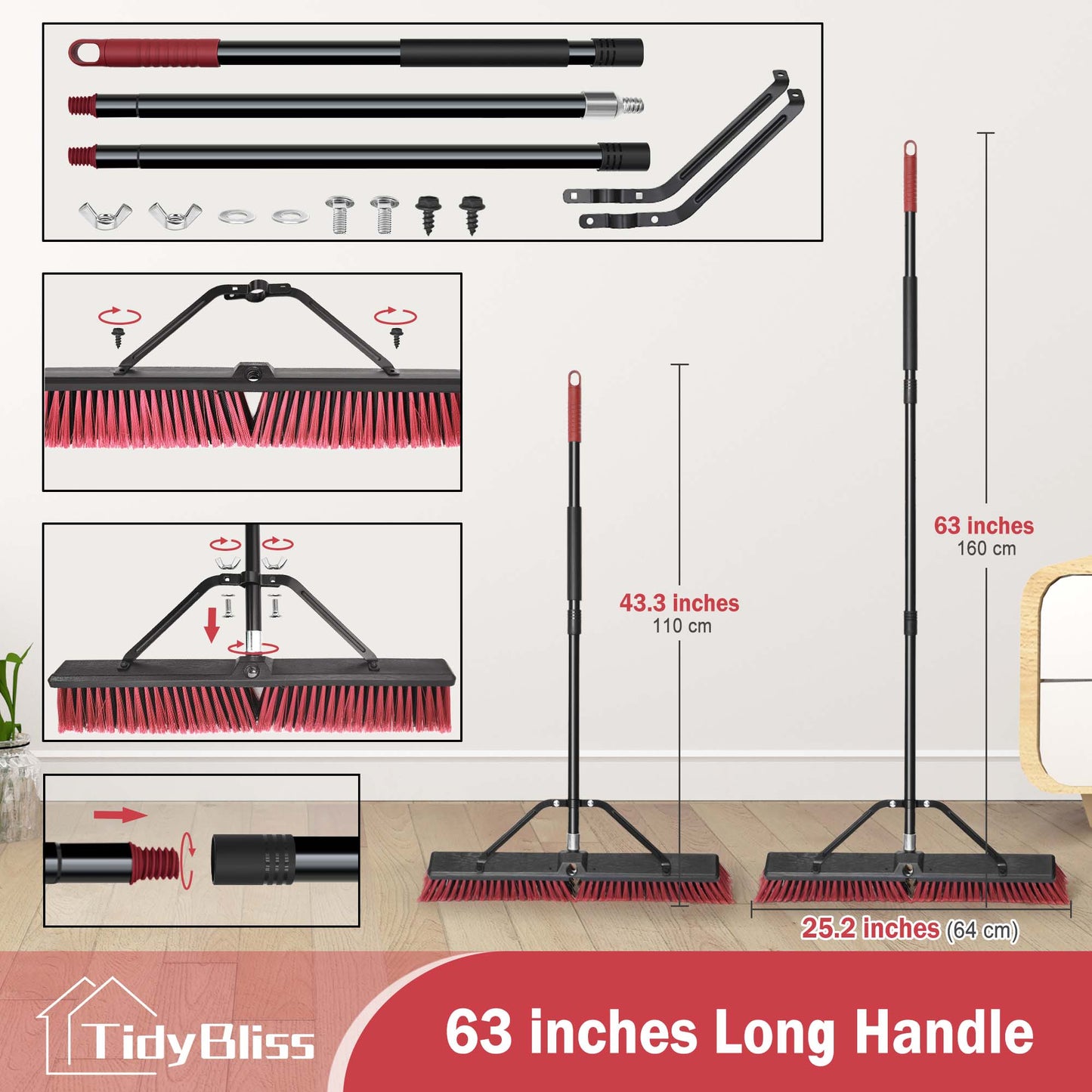 TidyBliss 24" Push Broom Outdoor Heavy Duty with 63 inches Long Handle (Red)