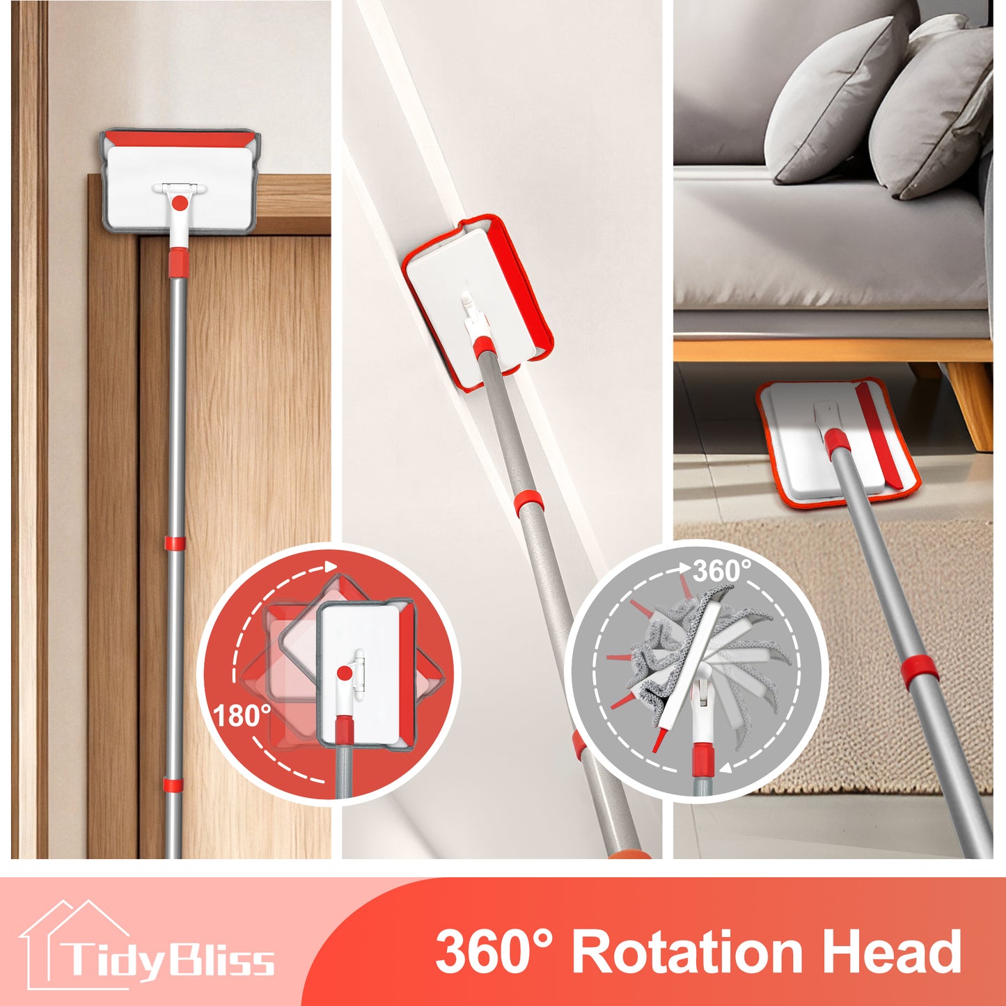 TidyBliss Baseboard Cleaner Tool, Wall Mop with 55.9" Long Handle (Red)