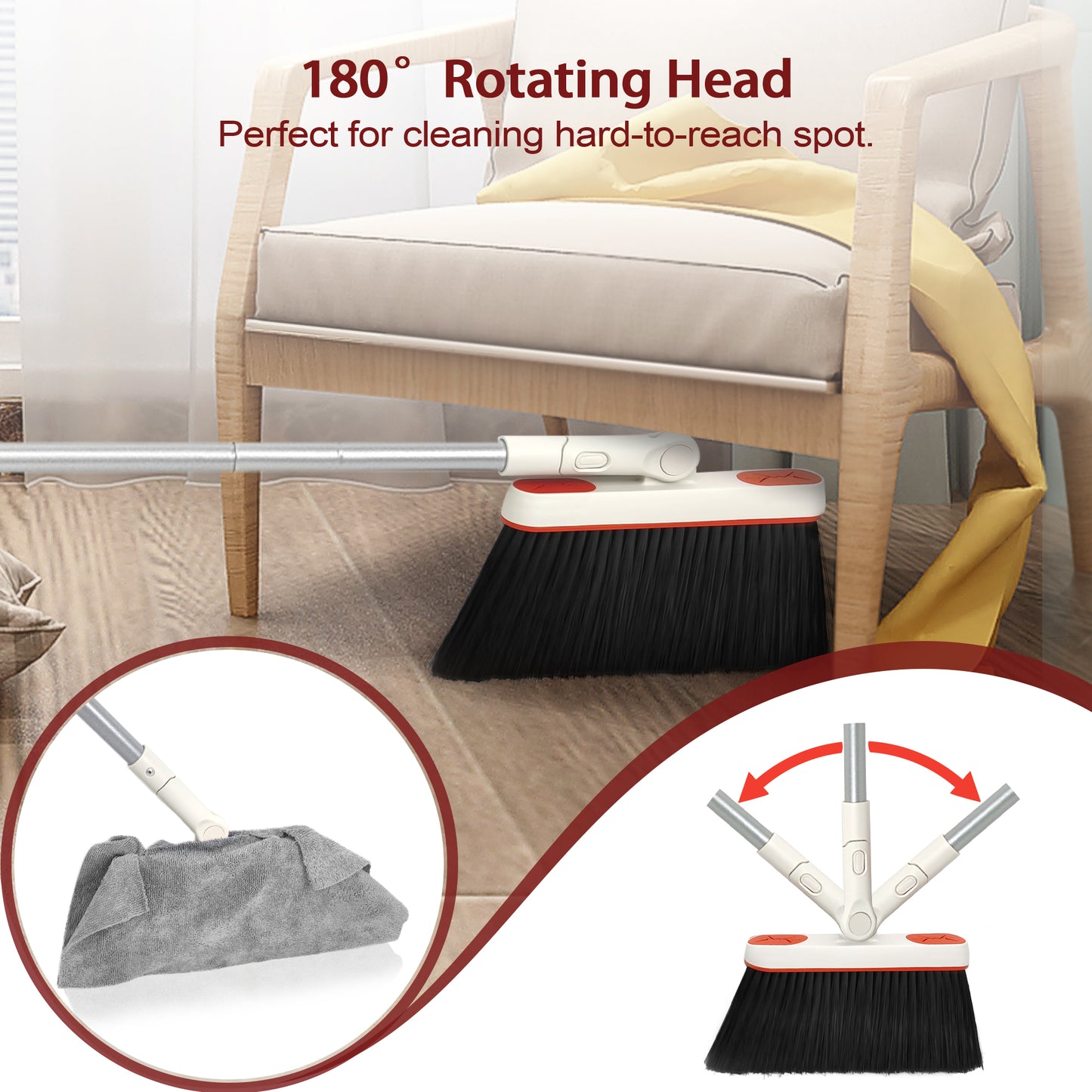 JEHONN Broom and Plastic Dust Pans Set for Home with 54 inches Long Handle (Grey&Red)
