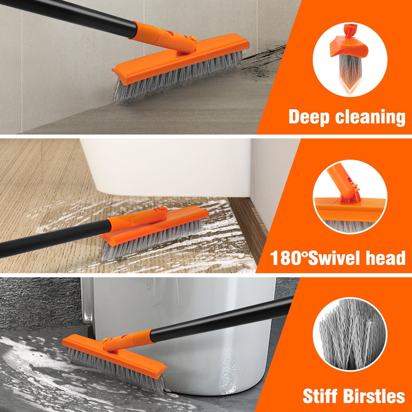 Grout Brush with 49.6" Long Handle, V-Shaped Tile Scrubber (Orange)