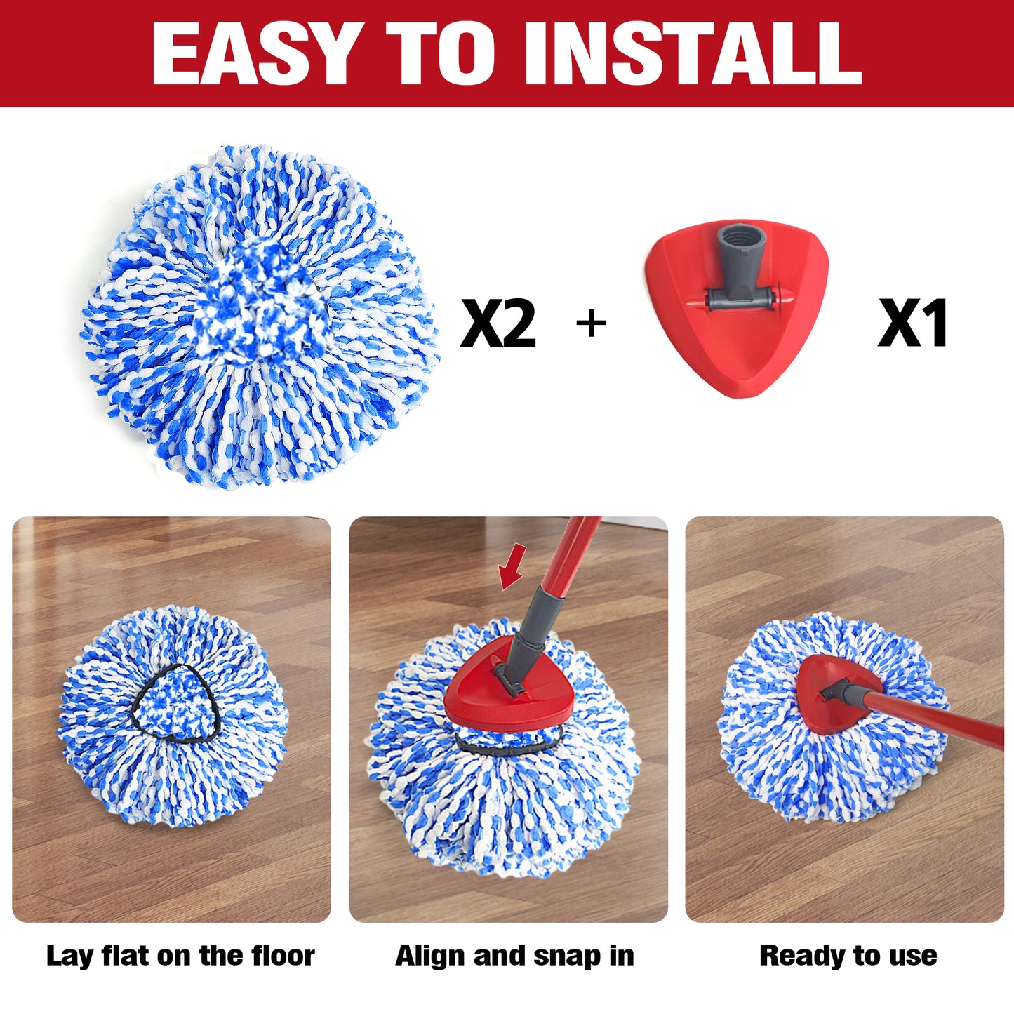 NEWE Mop Heads Replacements 2 pack with Triangle Base for RinseClean 2 Tank System, Deep Cleaning All Floors, Blue