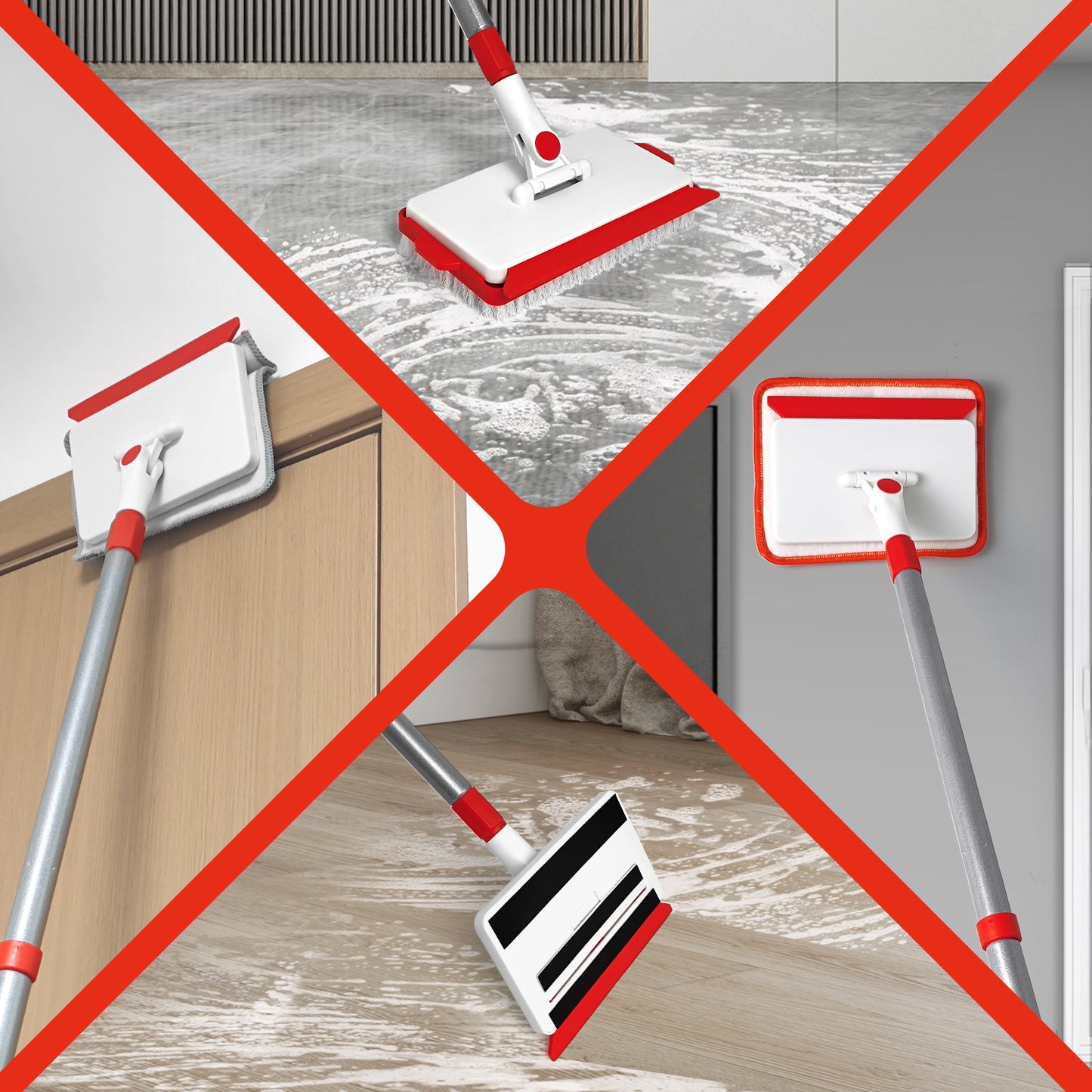 JEHONN Wall & Baseboard Cleaner Mop Tool with 4 Reusable Pads Red