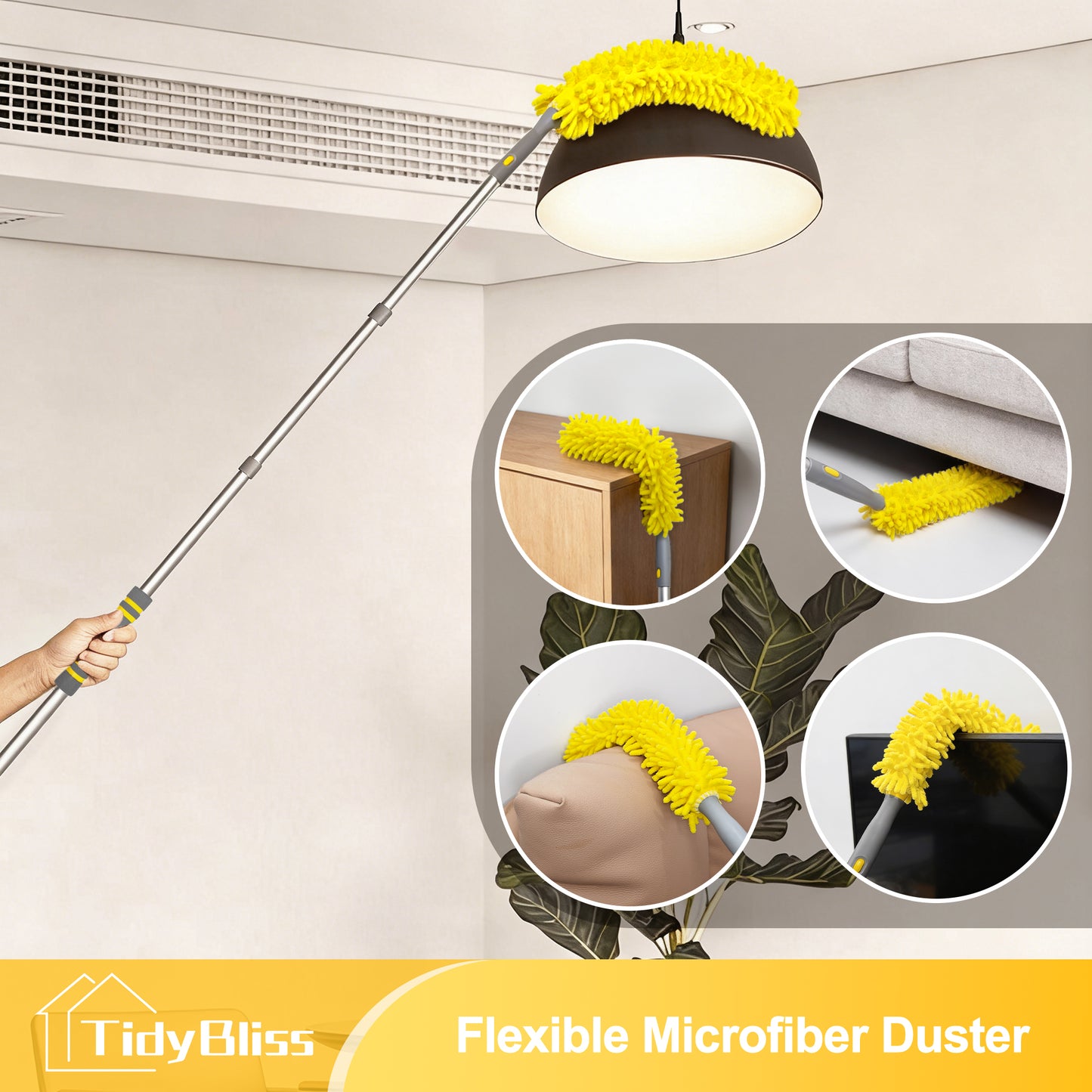 TidyBliss 77" Ceiling Fan Cleaner Duster with Extension Pole (Yellow)