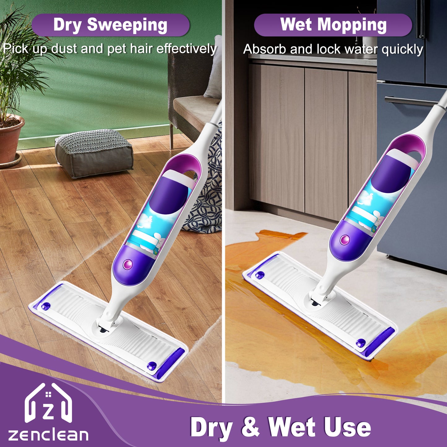 ZenClean Reusable Microfiber Mop Pads 4 Pack Compatible with Power Mop for Wet & Dry Floor Cleaning