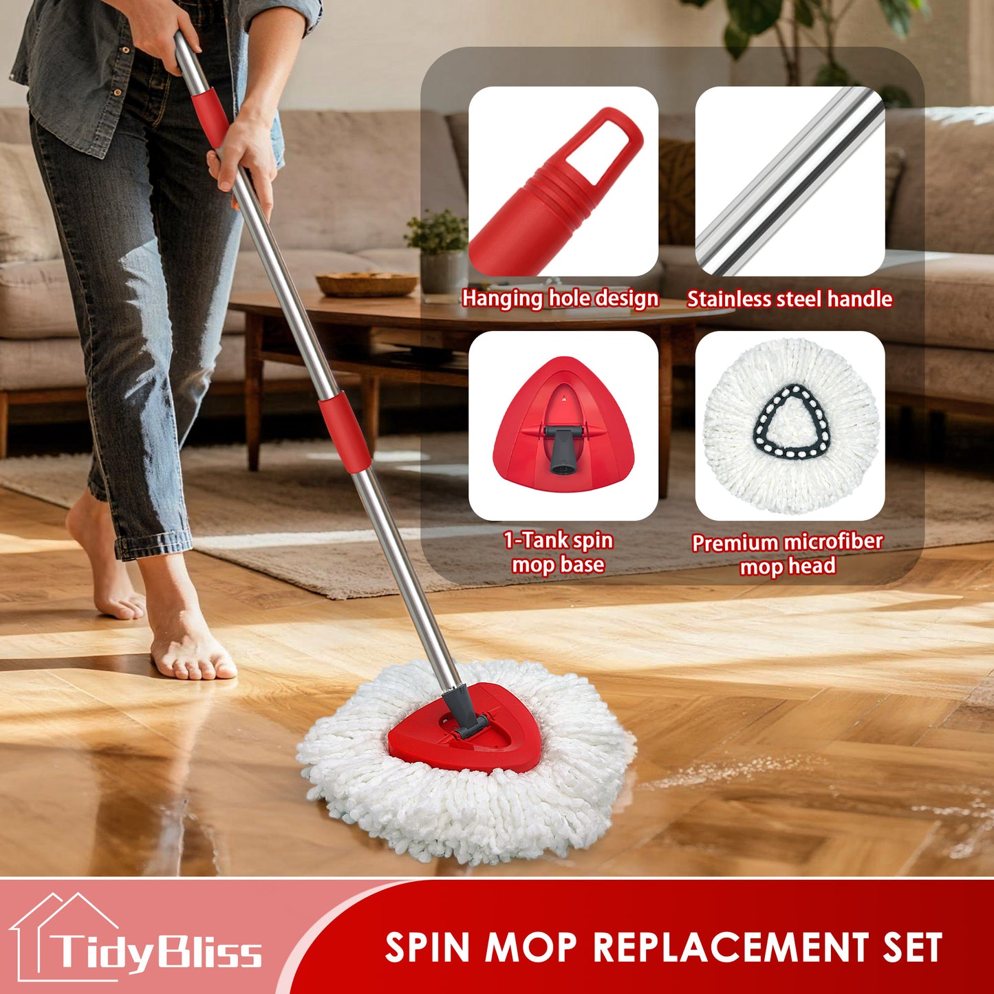 TidyBliss Spin Mop Replacement Heads 2 Pack with Triangle Base and 58 inches Long Handle for O-Cedaar EasyWring 1 Tank System