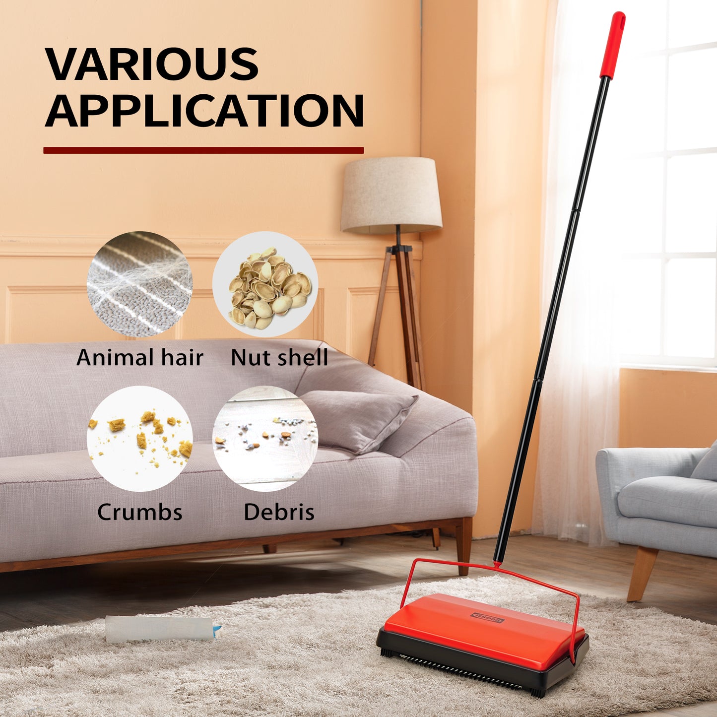 JEHONN Carpet Floor Sweeper with Horsehair Brush, Adjustable Handle, Red, Non-Electric, Manual